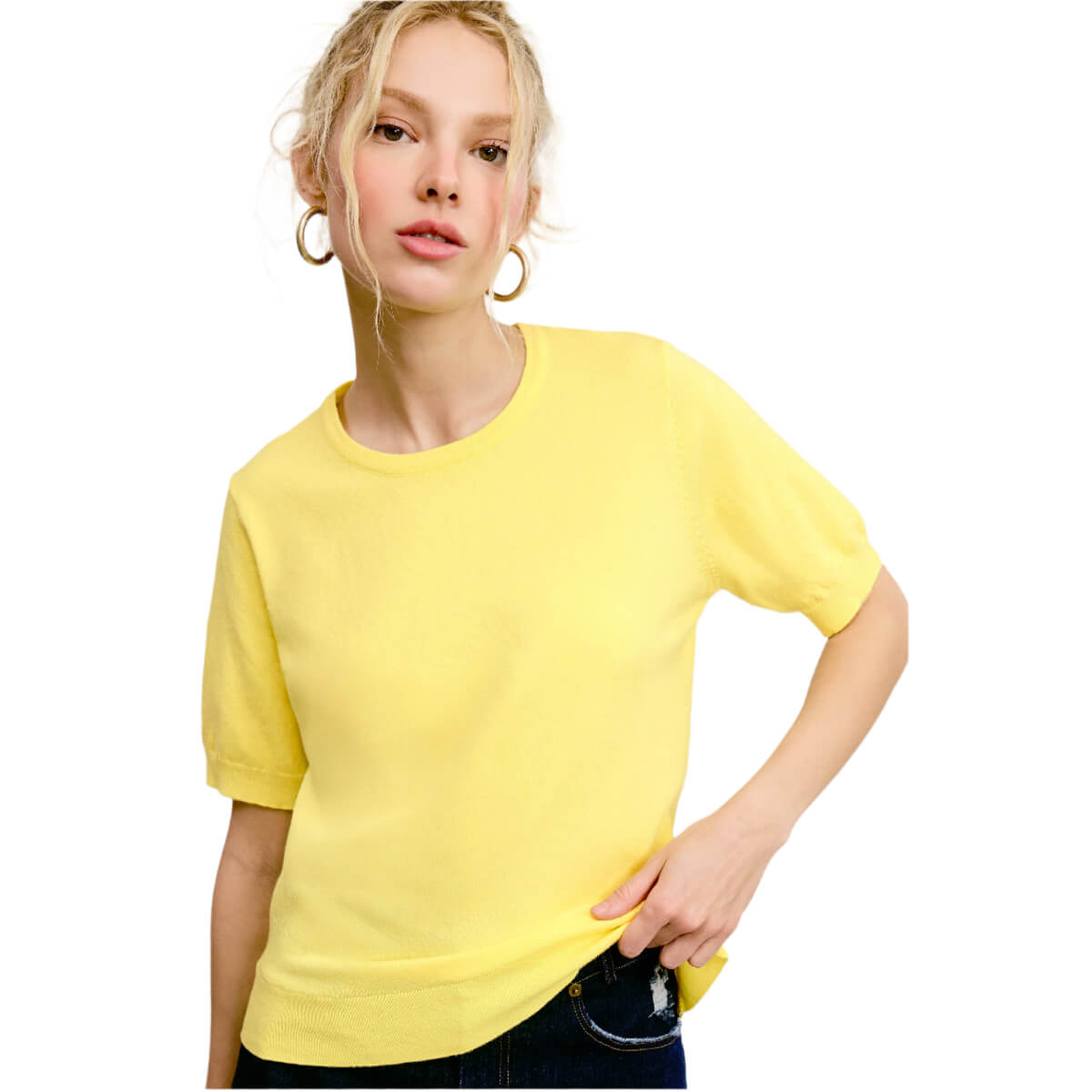 Puffy Sleeve Basic Crew Neck Knit Top yellow front | MILK MONEY milkmoney.co | cute clothes for women. womens online clothing. trendy online clothing stores. womens casual clothing online. trendy clothes online. trendy women's clothing online. ladies online clothing stores. trendy women's clothing stores. cute female clothes.