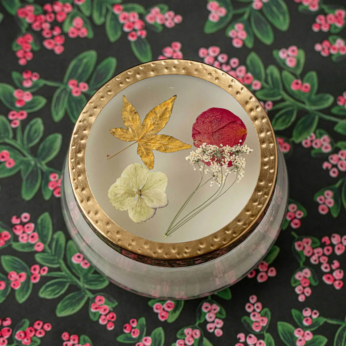 Red Currant + Cranberry Large Pressed Floral Candle front | MILK MONEY milkmoney.co | soy wax candles, small candles. natural candles, organic candles, scented soy candles, concrete candle, hand poured candles, hand poured soy candles, cement candle, hand poured soy wax candles, scented hand poured candles, hand poured scented candles