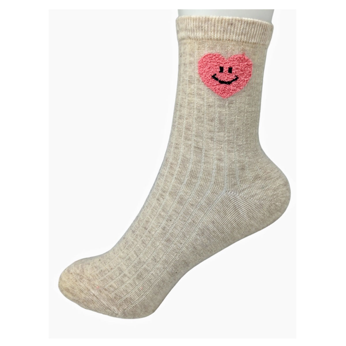 Heart Smiley Face Half Crew Socks oatmeal front | MILK MONEY milkmoney.co | women's accessories. cute accessories. trendy accessories. cute accessories for girls. ladies accessories. women's fashion accessories.