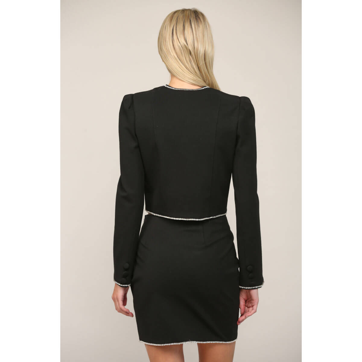 Rhinestone Trimmed Cropped Blazer black back | MILK MONEY milkmoney.co | cute jackets for women. cute coats. cool jackets for women. stylish jackets for women. trendy jackets for women. trendy womens coats