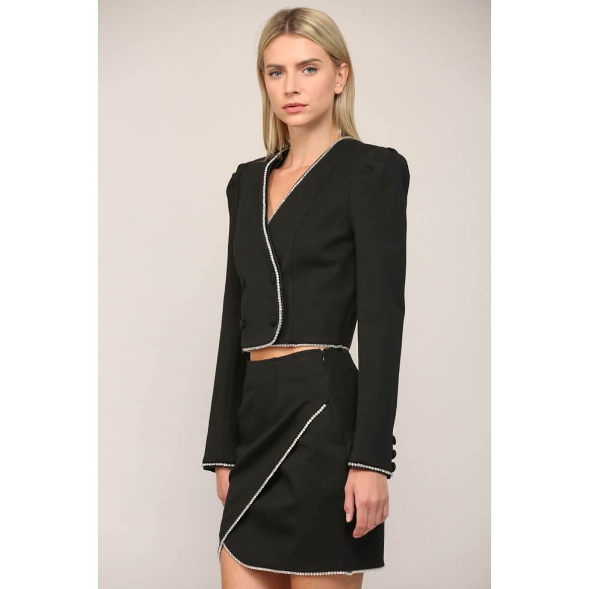 Rhinestone Trimmed Cropped Blazer black side | MILK MONEY milkmoney.co | cute jackets for women. cute coats. cool jackets for women. stylish jackets for women. trendy jackets for women. trendy womens coats