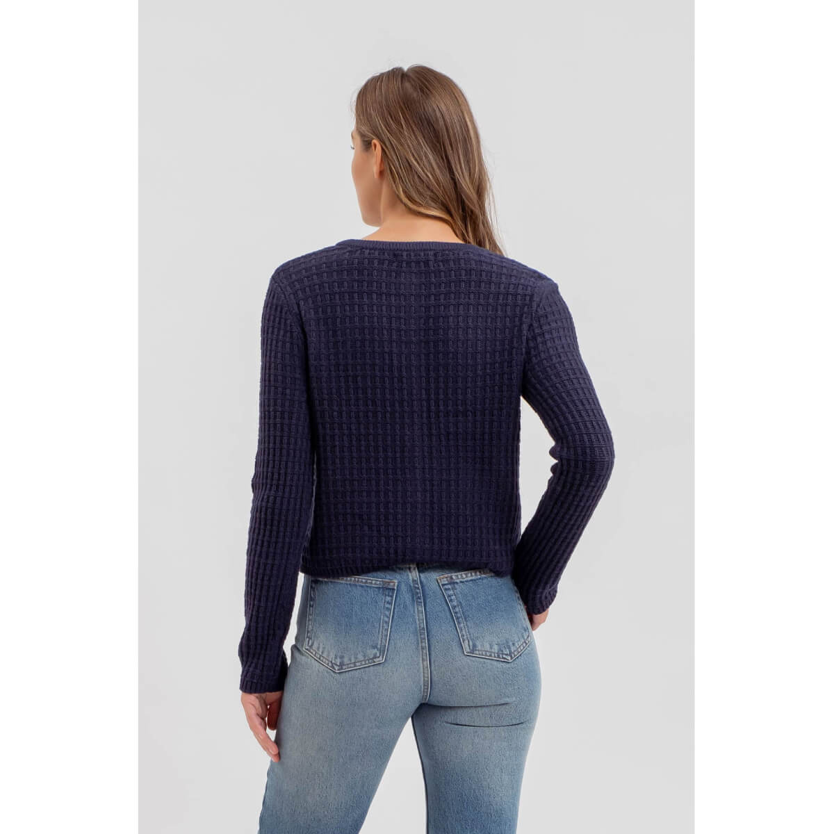 Round Neck Textured Knit Cardigan navy back | MILK MONEY milkmoney.co | cute tops for women. trendy tops for women. cute blouses for women. stylish tops for women. pretty womens tops.