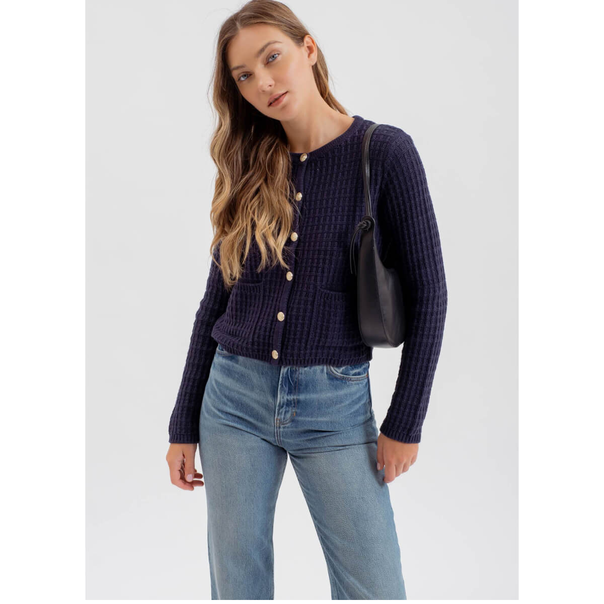 Round Neck Textured Knit Cardigan navy front | MILK MONEY milkmoney.co | cute tops for women. trendy tops for women. cute blouses for women. stylish tops for women. pretty womens tops.