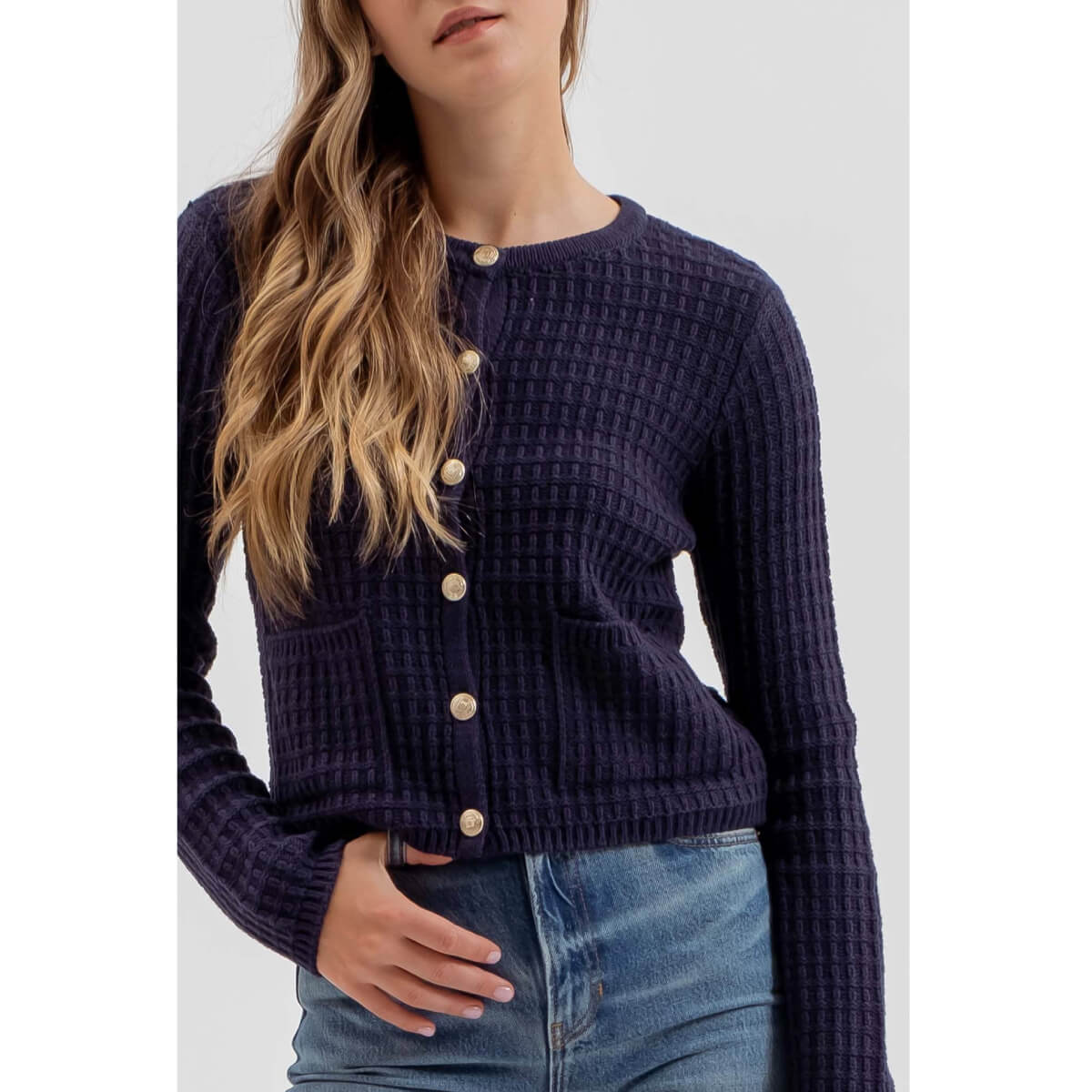 Round Neck Textured Knit Cardigan navy front | MILK MONEY milkmoney.co | cute tops for women. trendy tops for women. cute blouses for women. stylish tops for women. pretty womens tops.