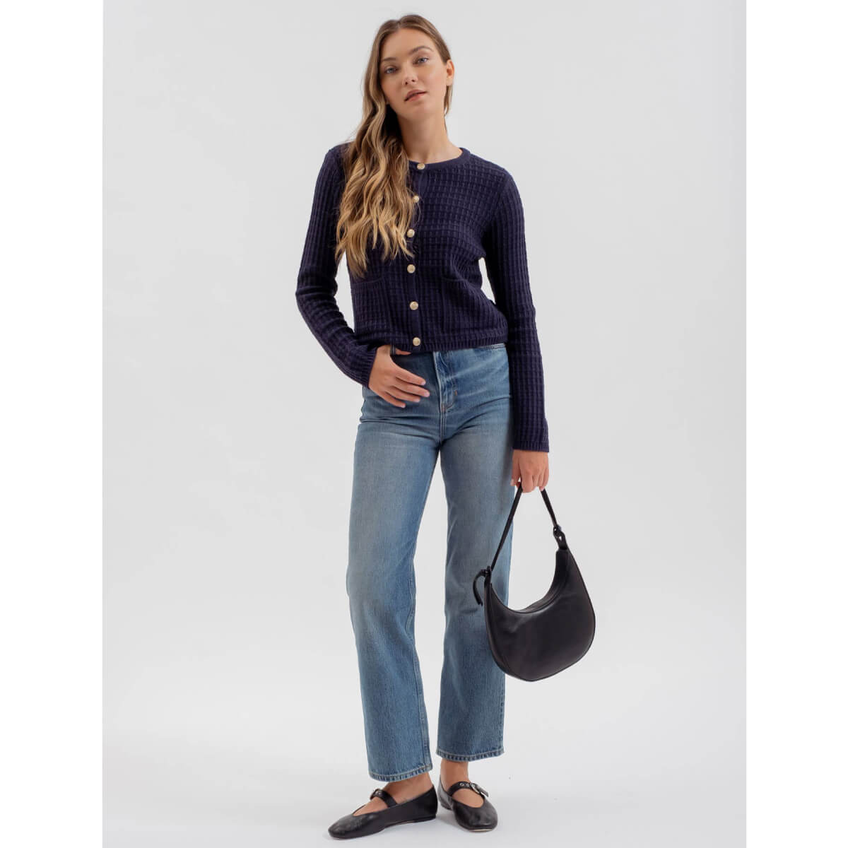 Round Neck Textured Knit Cardigan navy front | MILK MONEY milkmoney.co | cute tops for women. trendy tops for women. cute blouses for women. stylish tops for women. pretty womens tops.