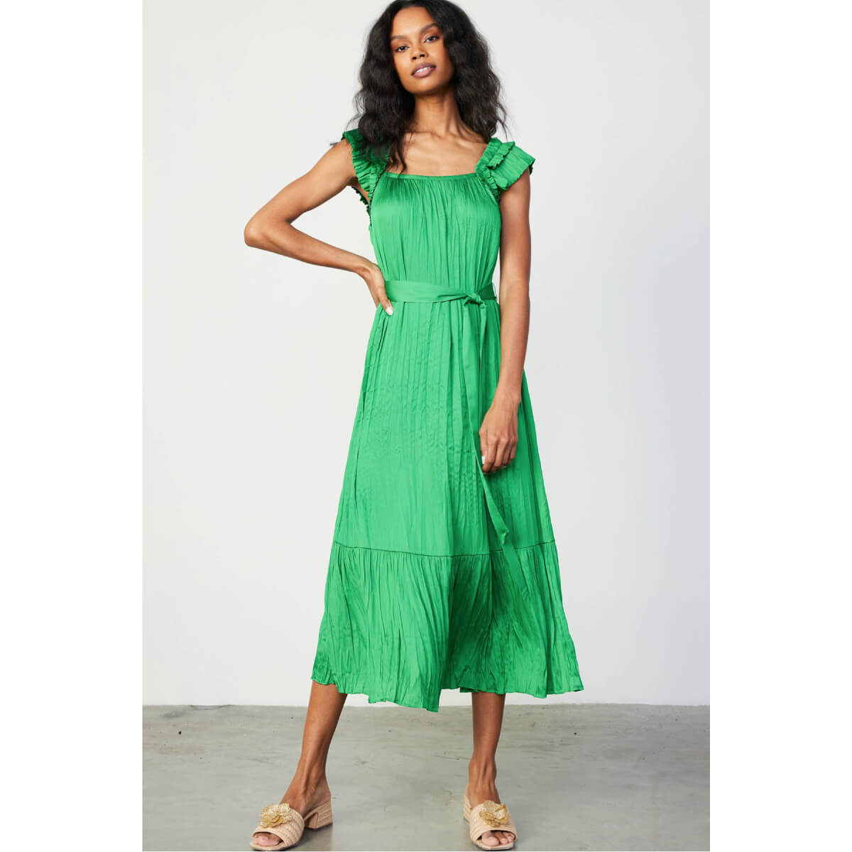 Ruffled Sleeve Crinkle Midi Dress navy green | MILK MONEY milkmoney.co | cute clothes for women. womens online clothing. trendy online clothing stores. womens casual clothing online. trendy clothes online. trendy women's clothing online. ladies online clothing stores. trendy women's clothing stores. cute female clothes.