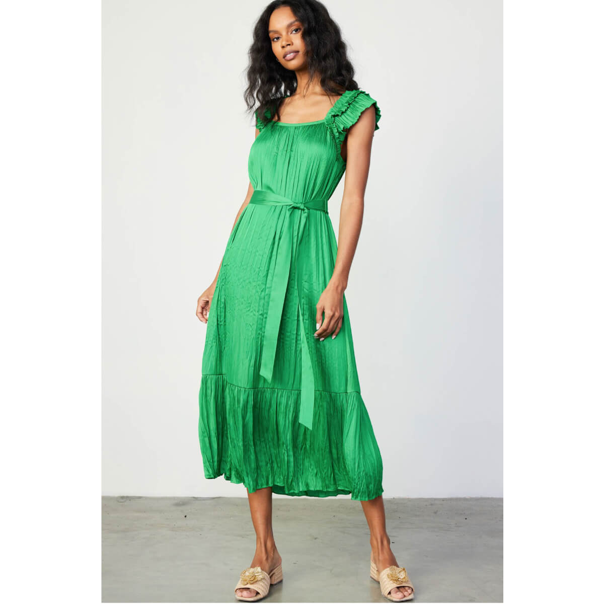 Ruffled Sleeve Crinkle Midi Dress navy green | MILK MONEY milkmoney.co | cute clothes for women. womens online clothing. trendy online clothing stores. womens casual clothing online. trendy clothes online. trendy women's clothing online. ladies online clothing stores. trendy women's clothing stores. cute female clothes.