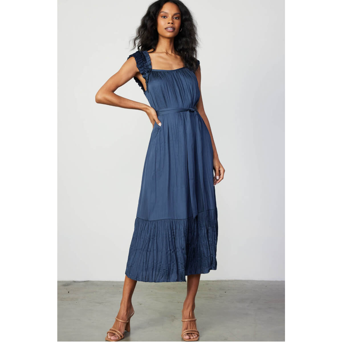 Ruffled Sleeve Crinkle Midi Dress navy front | MILK MONEY milkmoney.co | cute clothes for women. womens online clothing. trendy online clothing stores. womens casual clothing online. trendy clothes online. trendy women's clothing online. ladies online clothing stores. trendy women's clothing stores. cute female clothes.