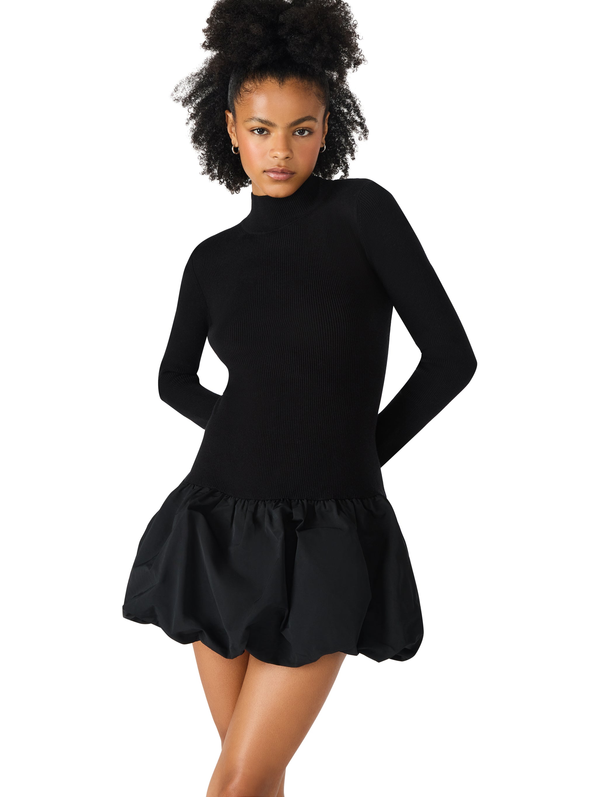 Steve Madden Penna Long Sleeve Bubble Hem Minidress in Black at Nordstrom, Size Small