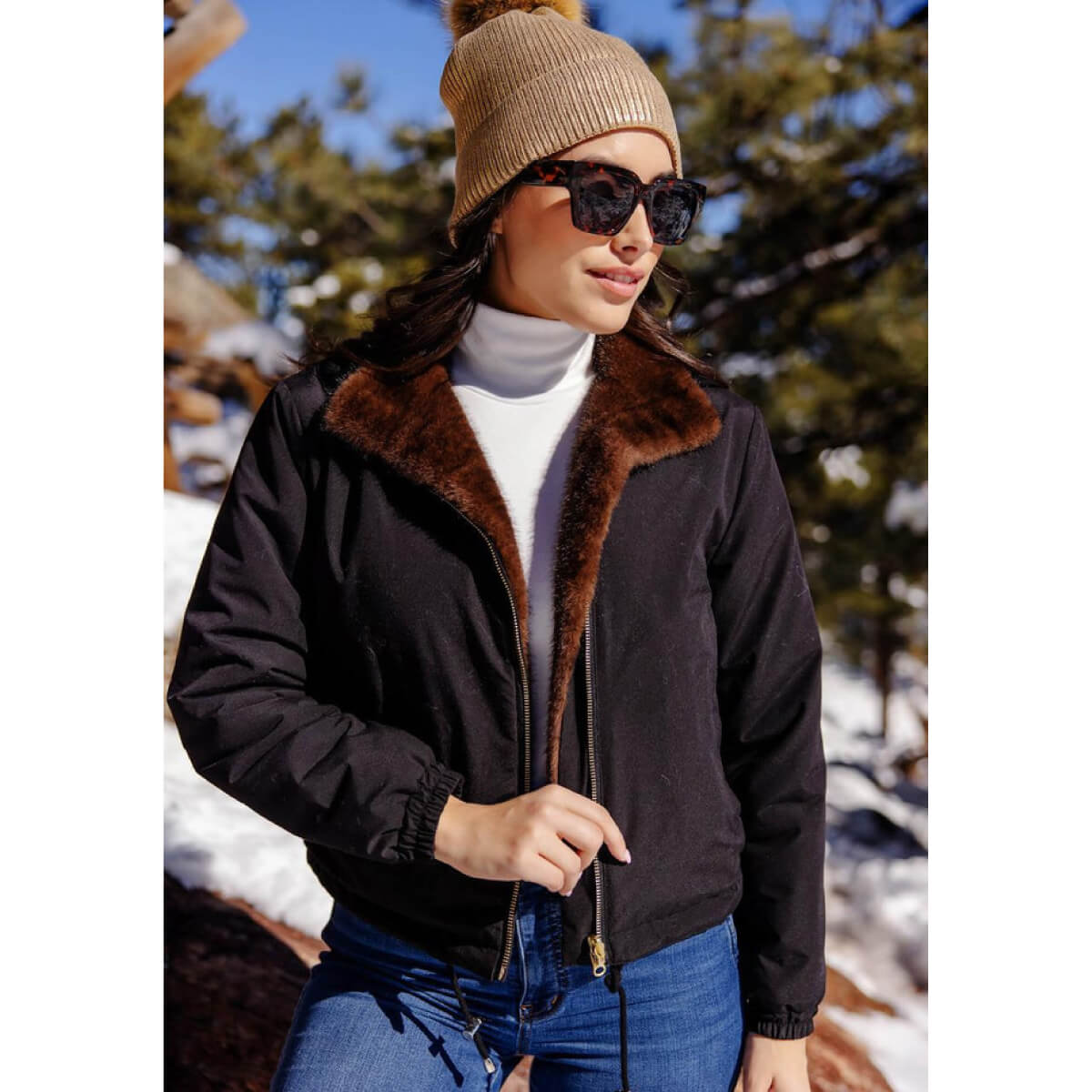 Sable Insta Reversible Faux Fur Zip Jacket front | MILK MONEY milkmoney.co | cute jackets for women. cute coats. cool jackets for women. stylish jackets for women. trendy jackets for women. trendy womens coats.