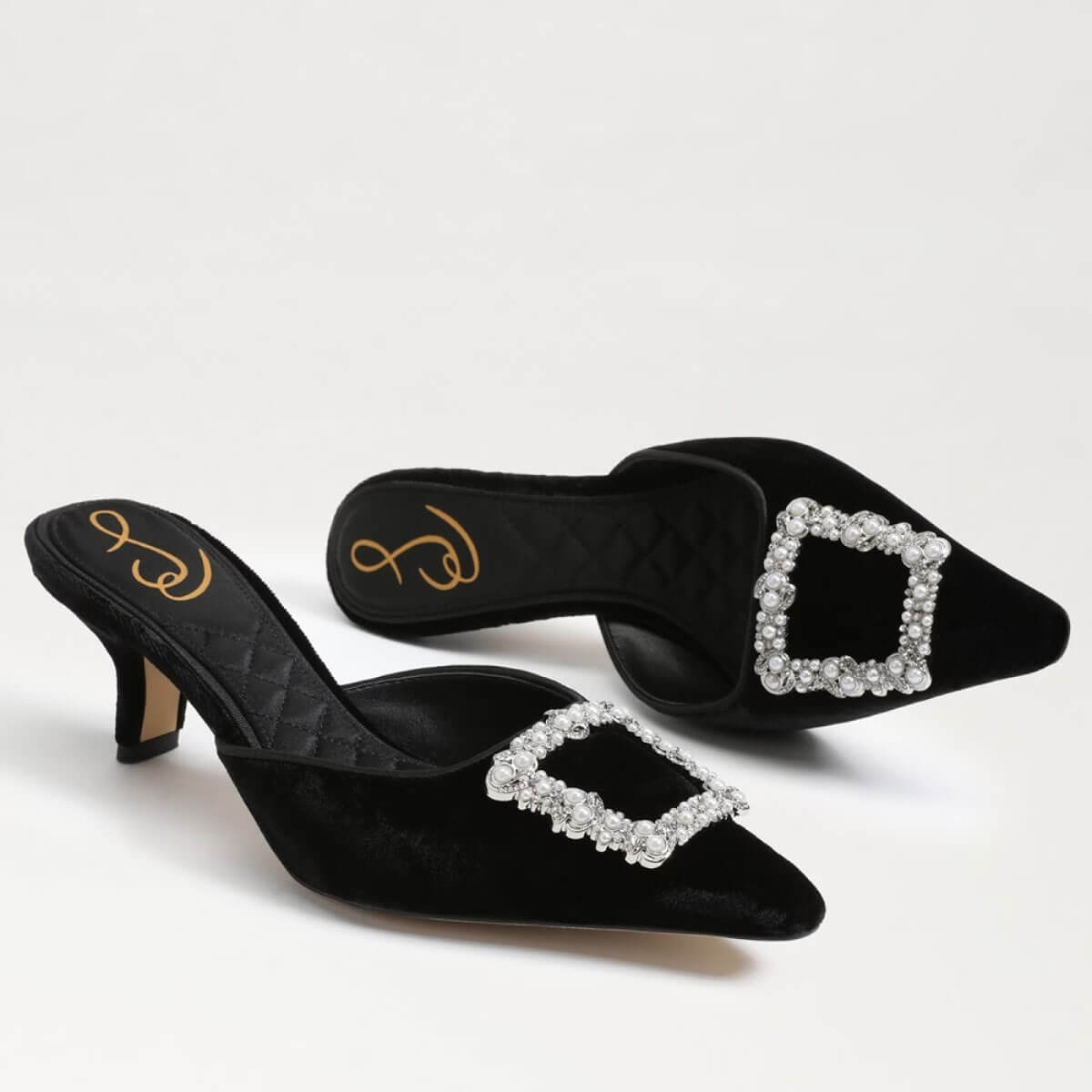 Sam Edelman Brit Luster Velvet Bling Buckle Detail Dress Mules black | MILK MONEY milkmoney.co | cute shoes for women. ladies shoes. nice shoes for women. footwear for women. ladies shoes online. ladies footwear. womens shoes and boots. pretty shoes for women. beautiful shoes for women.