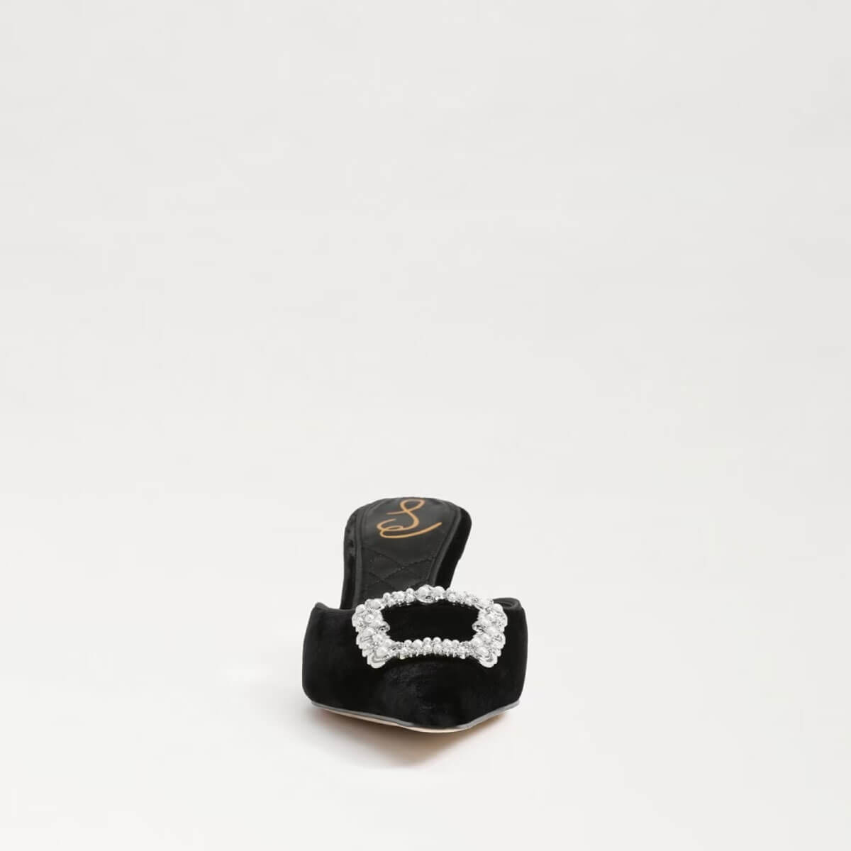 Sam Edelman Brit Luster Velvet Bling Buckle Detail Dress Mules black front | MILK MONEY milkmoney.co | cute shoes for women. ladies shoes. nice shoes for women. footwear for women. ladies shoes online. ladies footwear. womens shoes and boots. pretty shoes for women. beautiful shoes for women.