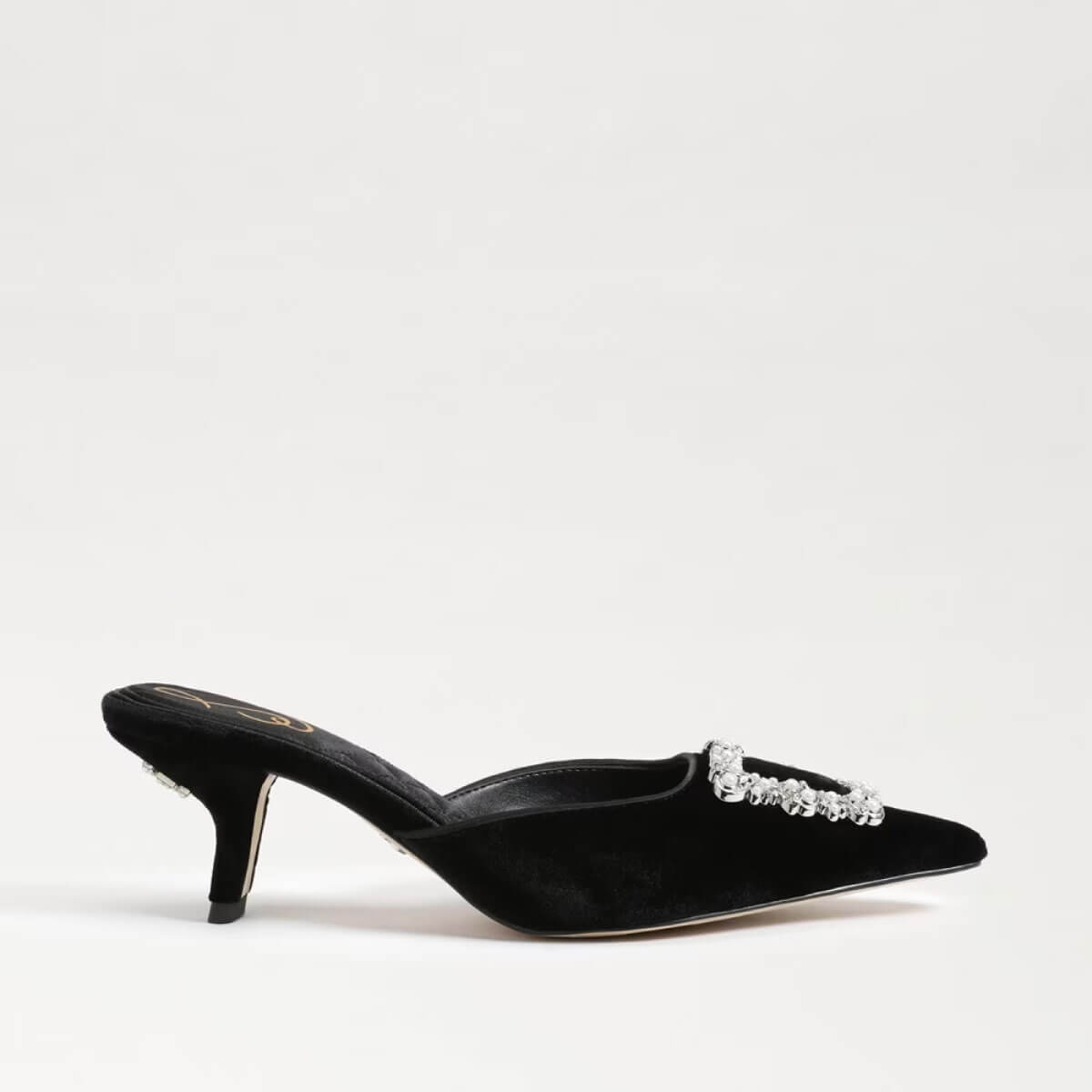 Sam Edelman Brit Luster Velvet Bling Buckle Detail Dress Mules black side | MILK MONEY milkmoney.co | cute shoes for women. ladies shoes. nice shoes for women. footwear for women. ladies shoes online. ladies footwear. womens shoes and boots. pretty shoes for women. beautiful shoes for women.