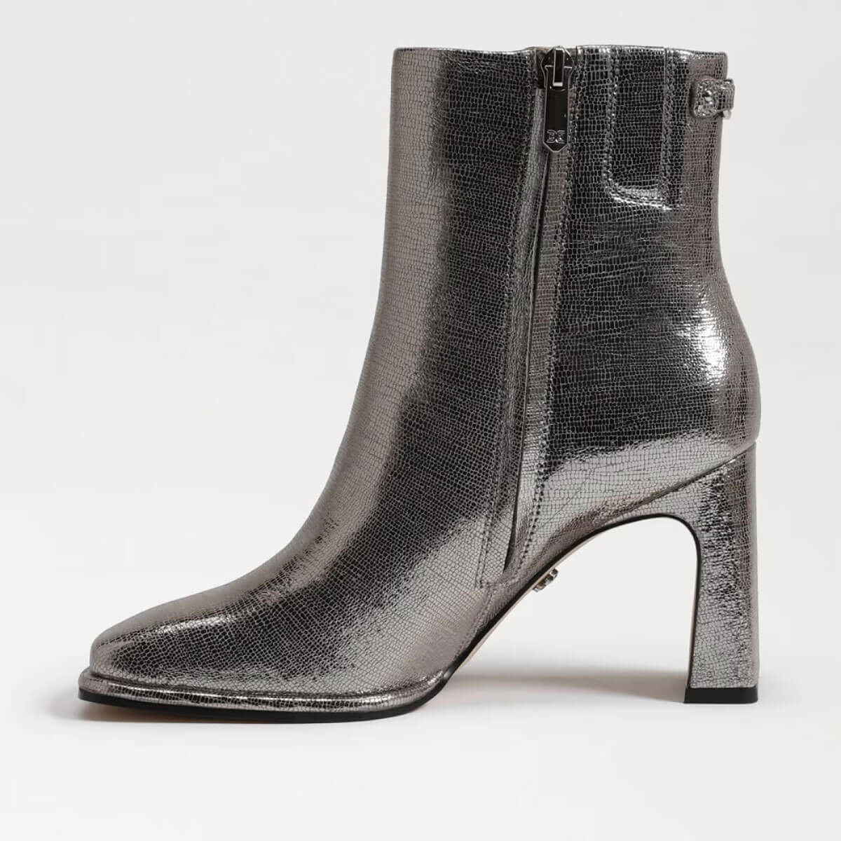 Sam Edelman Irie Square Toe Ankle Bootie silver side | MILK MONEY milkmoney.co | cute shoes for women. ladies shoes. nice shoes for women. footwear for women. ladies shoes online. ladies footwear. womens shoes and boots. pretty shoes for women. beautiful shoes for women.