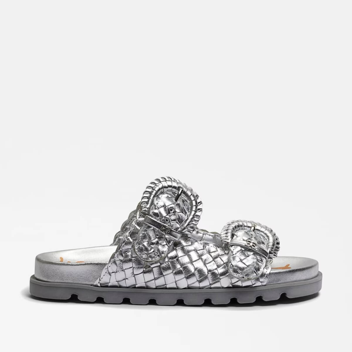 Sam Edelman Tiffanie Slide Sandal silver side | MILK MONEY milkmoney.co | cute sandals for women. cute slides for women. trendy womens sandals. women sandals online. pretty sandals for women. cute slides womens.