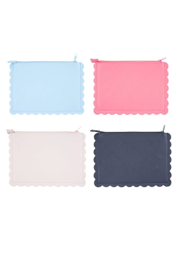 Scallop Zipper Vinyl Pouch group front | MILK MONEY milkmoney.co | women's accessories. cute accessories. trendy accessories. cute accessories for girls. ladies accessories. women's fashion accessories.