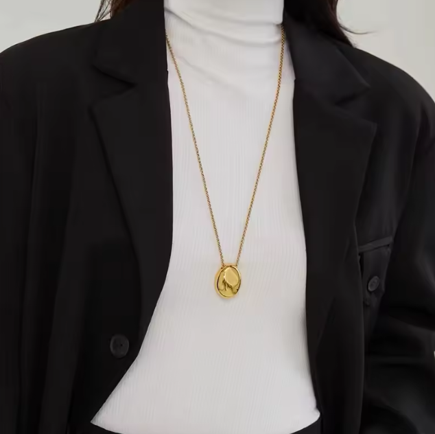 Long Chain Oval Pendant Necklace