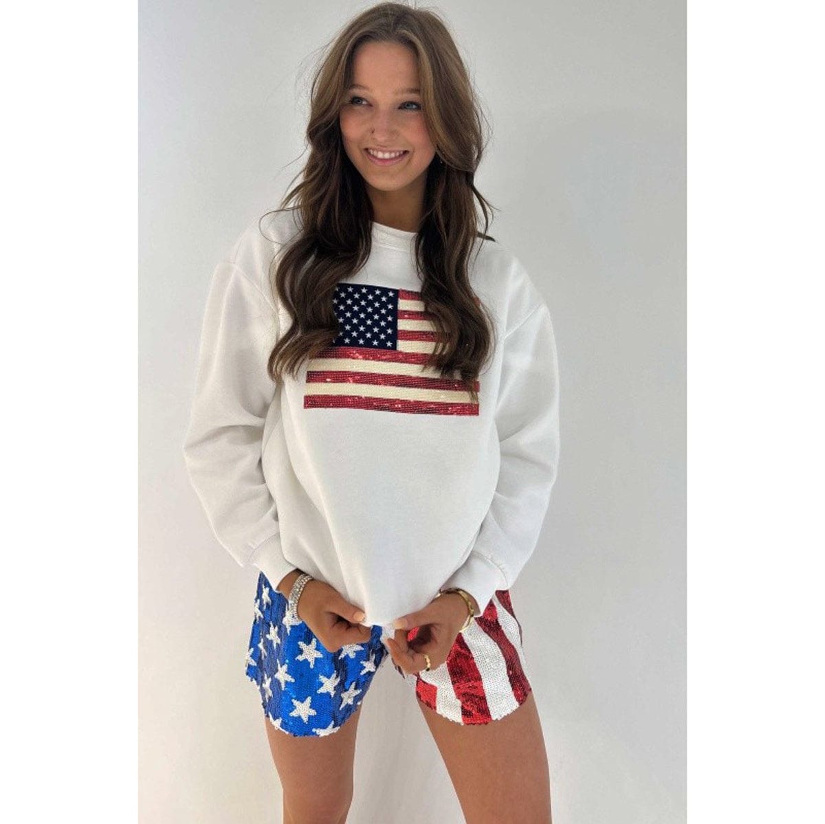 Sequin American Flag Sweatshirt white front | MILK MONEY milkmoney.co | cute clothes for women. womens online clothing. trendy online clothing stores. womens casual clothing online. trendy clothes online. trendy women's clothing online. ladies online clothing stores. trendy women's clothing stores. cute female clothes.