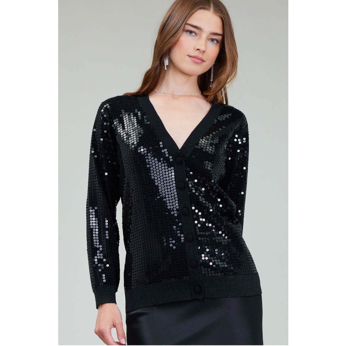 Sequin Long Sleeve Cardigan black front | MILK MONEY milkmoney.co | cute tops for women. trendy tops for women. cute blouses for women. stylish tops for women. pretty womens tops.