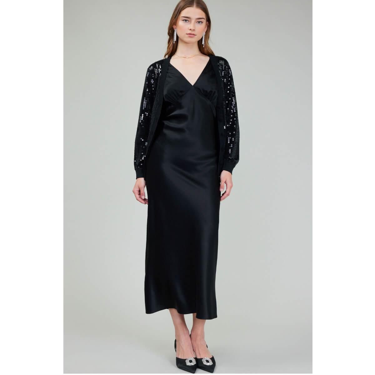 Sequin Long Sleeve Cardigan black front | MILK MONEY milkmoney.co | cute tops for women. trendy tops for women. cute blouses for women. stylish tops for women. pretty womens tops.