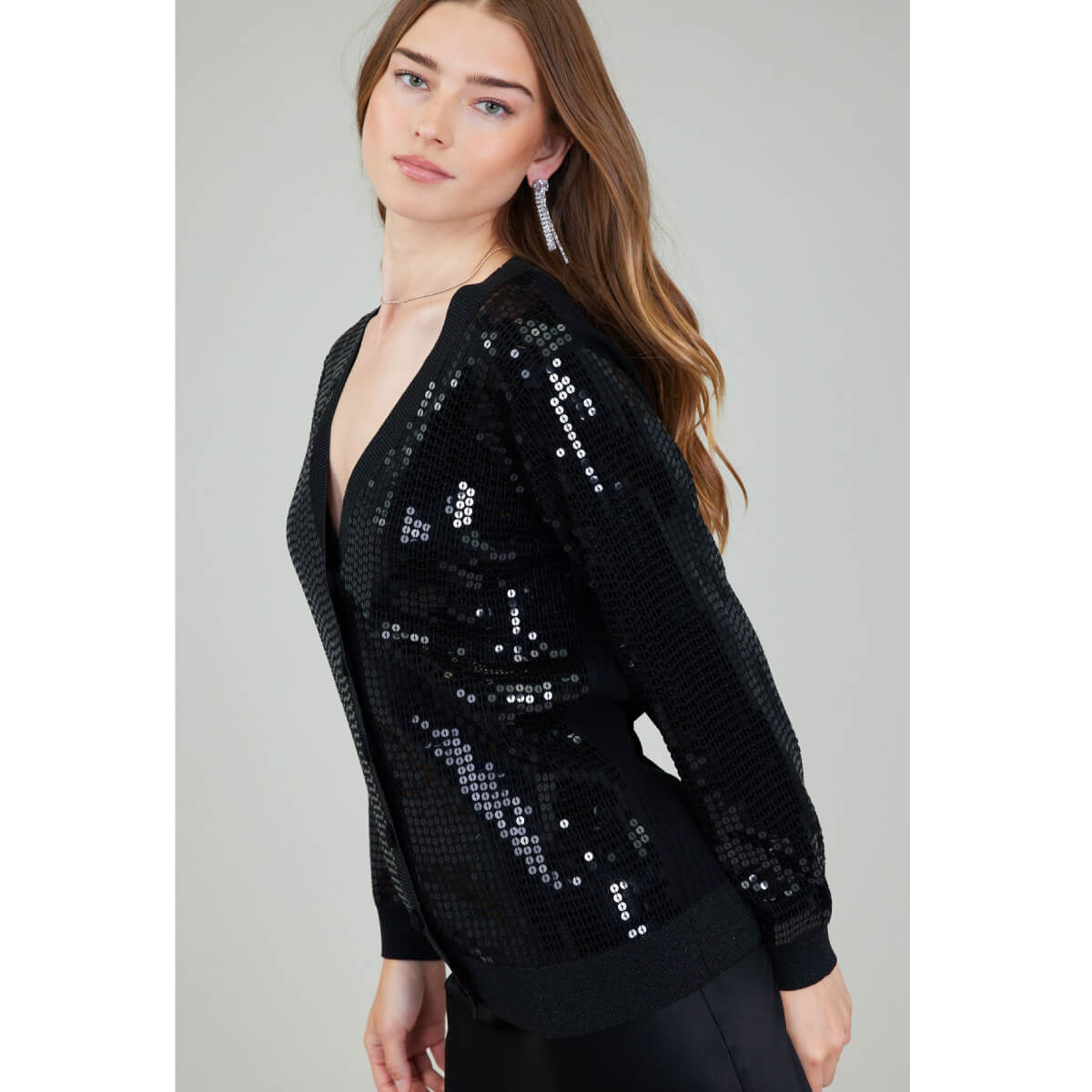Sequin Long Sleeve Cardigan black side | MILK MONEY milkmoney.co | cute tops for women. trendy tops for women. cute blouses for women. stylish tops for women. pretty womens tops.