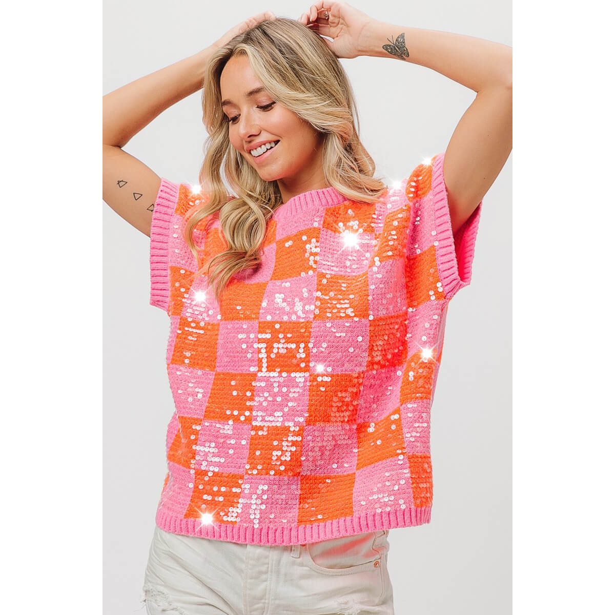 Sequins Checker Sweater Vest pink front | MILK MONEY milkmoney.co | cute tops for women. trendy tops for women. cute blouses for women. stylish tops for women. pretty womens tops.