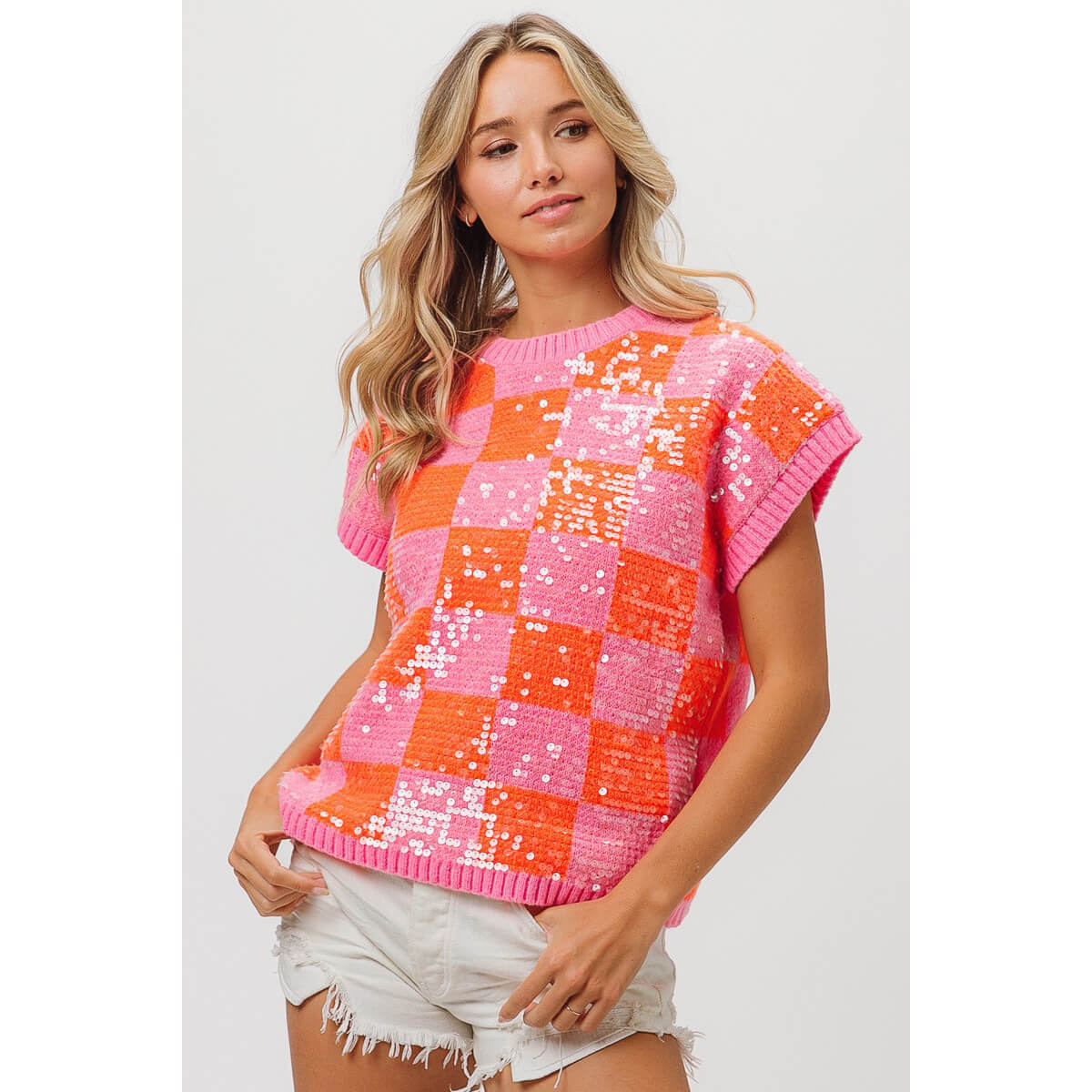 Sequins Checker Sweater Vest pink front | MILK MONEY milkmoney.co | cute tops for women. trendy tops for women. cute blouses for women. stylish tops for women. pretty womens tops.