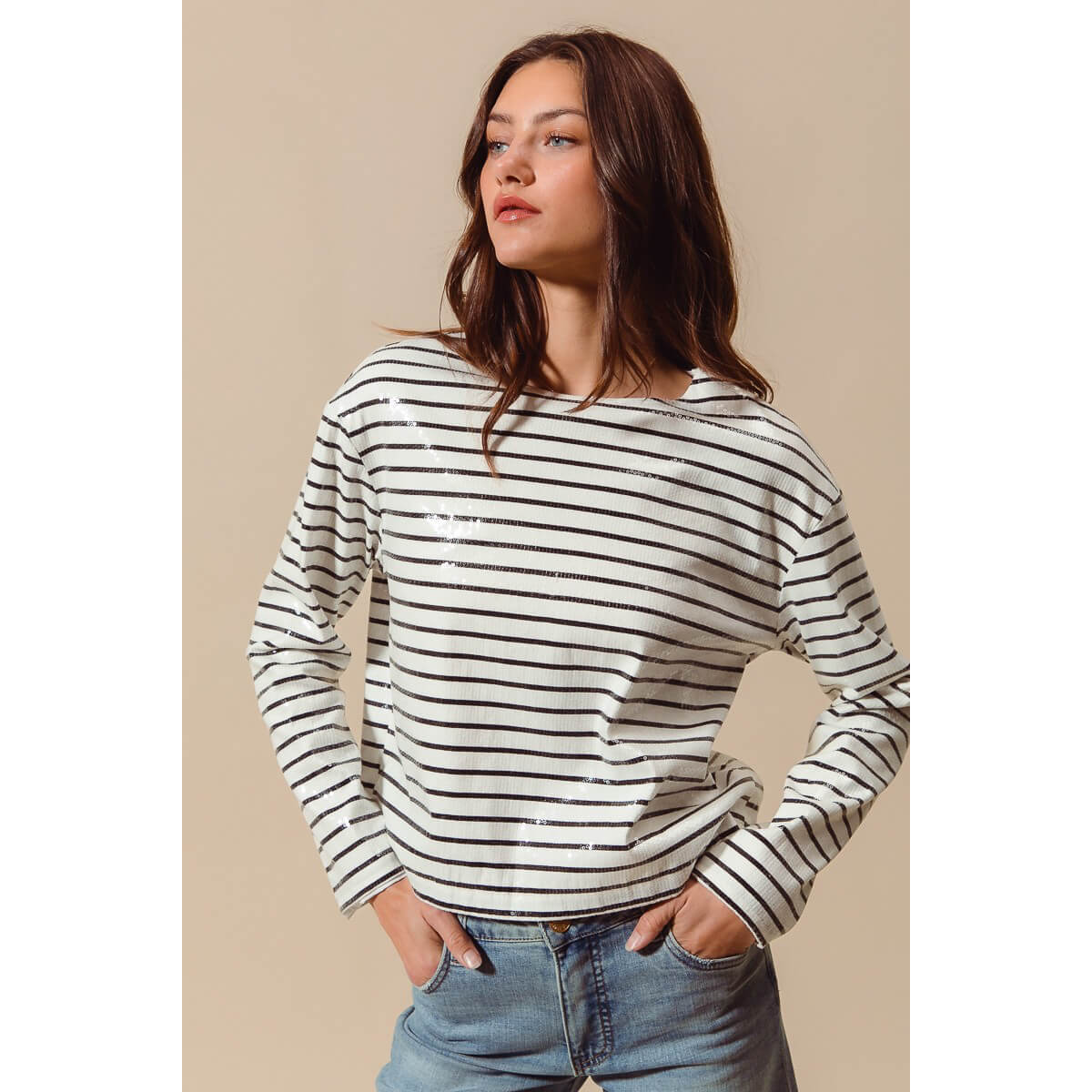 Sequins Striped Holiday Sailor Sweater white front | MILK MONEY milkmoney.co | cute clothes for women. womens online clothing. trendy online clothing stores. womens casual clothing online. trendy clothes online. trendy women's clothing online. ladies online clothing stores. trendy women's clothing stores. cute female clothes.