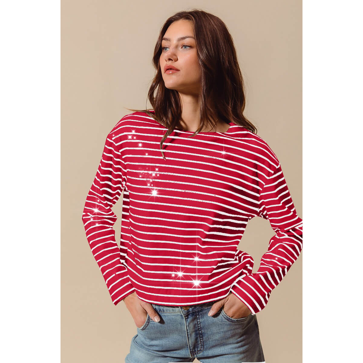 Sequins Striped Holiday Sailor Sweater red front | MILK MONEY milkmoney.co | cute clothes for women. womens online clothing. trendy online clothing stores. womens casual clothing online. trendy clothes online. trendy women's clothing online. ladies online clothing stores. trendy women's clothing stores. cute female clothes.