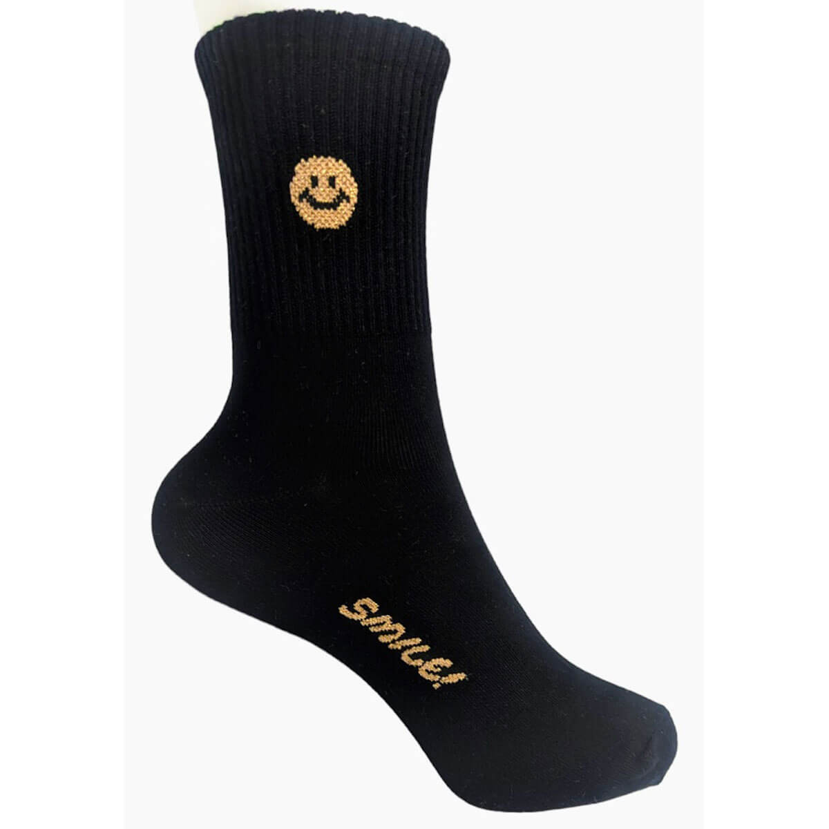 Shimmer Smiley Face Half Crew Socks black | MILK MONEY milkmoney.co | women's accessories. cute accessories. trendy accessories. cute accessories for girls. ladies accessories. women's fashion accessories.