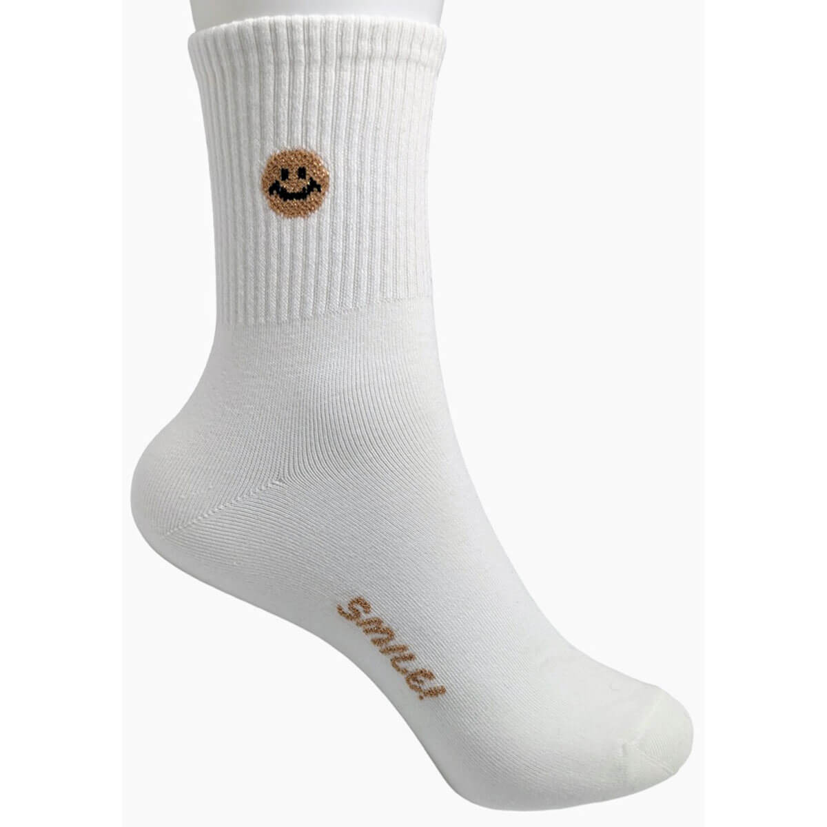 Shimmer Smiley Face Half Crew Socks white | MILK MONEY milkmoney.co | women's accessories. cute accessories. trendy accessories. cute accessories for girls. ladies accessories. women's fashion accessories.