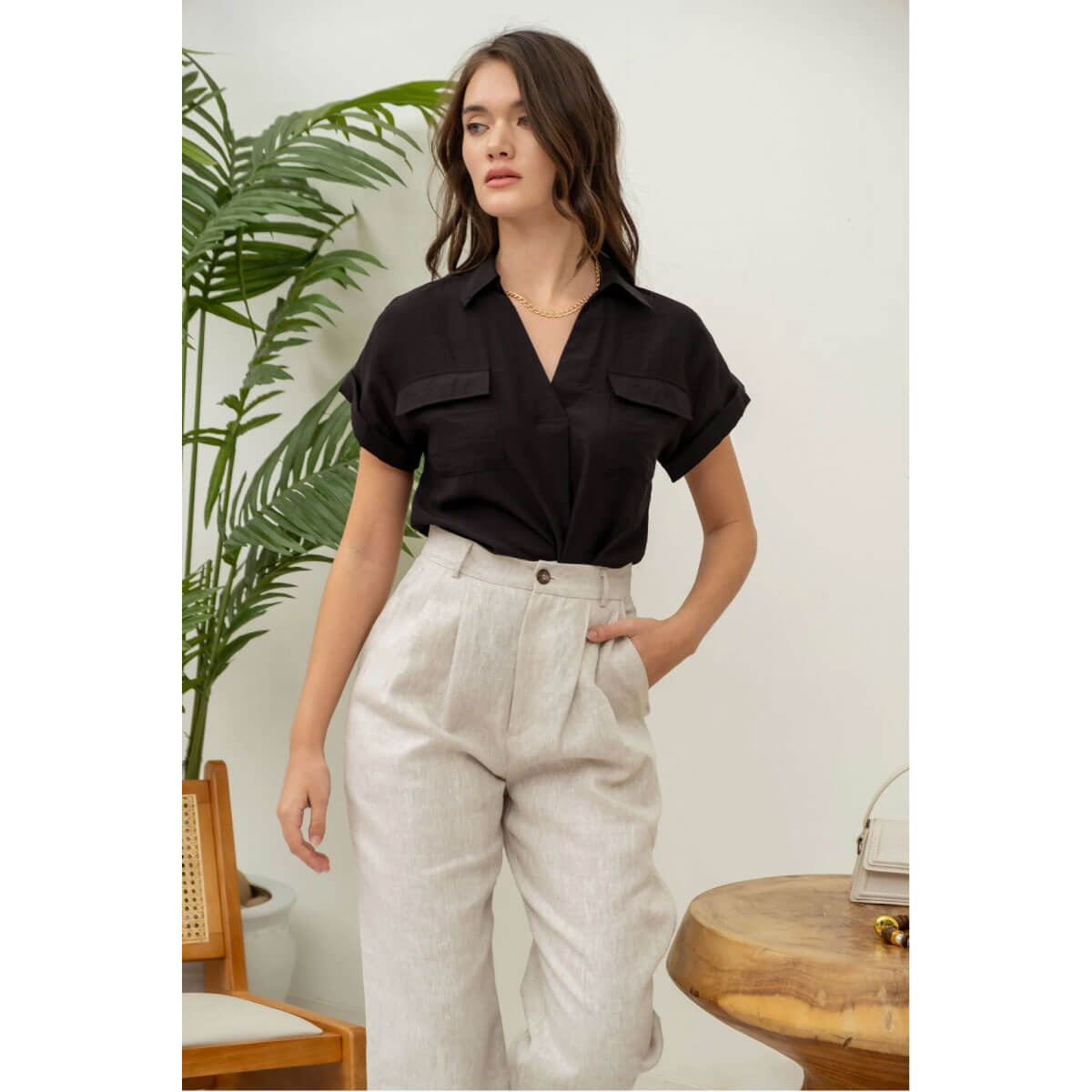 Short Sleeve V-Neck Blouse black front | MILK MONEY milkmoney.co | cute clothes for women. womens online clothing. trendy online clothing stores. womens casual clothing online. trendy clothes online. trendy women's clothing online. ladies online clothing stores. trendy women's clothing stores. cute female clothes.