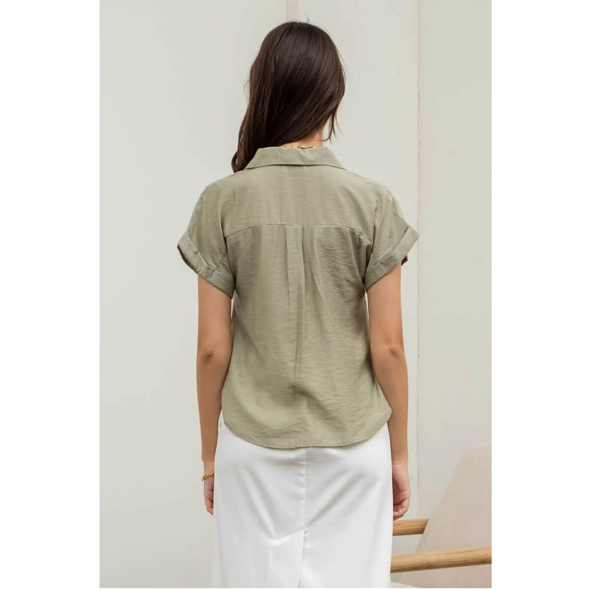 Short Sleeve V-Neck Blouse olive back | MILK MONEY milkmoney.co | cute clothes for women. womens online clothing. trendy online clothing stores. womens casual clothing online. trendy clothes online. trendy women's clothing online. ladies online clothing stores. trendy women's clothing stores. cute female clothes.