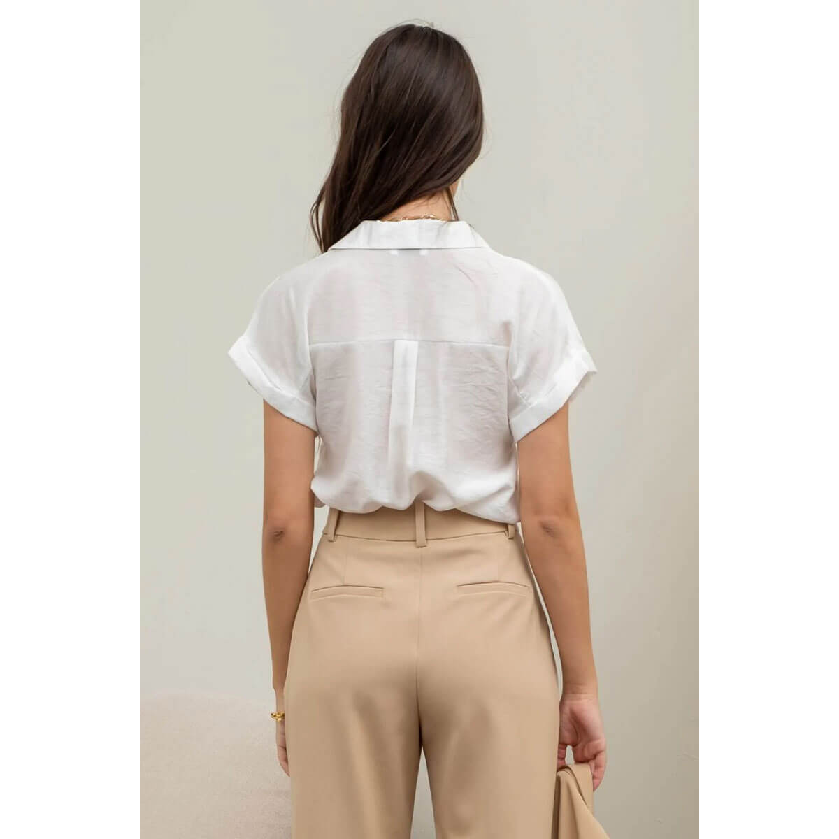 Short Sleeve V-Neck Blouse white back| MILK MONEY milkmoney.co | cute clothes for women. womens online clothing. trendy online clothing stores. womens casual clothing online. trendy clothes online. trendy women's clothing online. ladies online clothing stores. trendy women's clothing stores. cute female clothes.