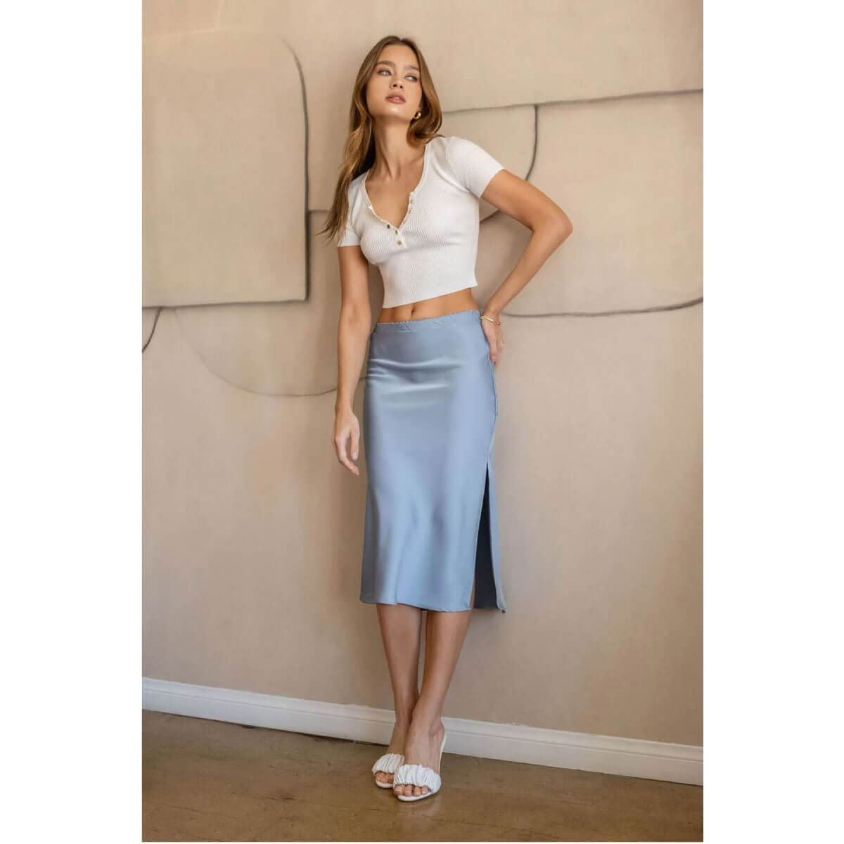 Side Slit Satin Skirt blue front | MILK MONEY milkmoney.co | cute clothes for women. womens online clothing. trendy online clothing stores. womens casual clothing online. trendy clothes online. trendy women's clothing online. ladies online clothing stores. trendy women's clothing stores. cute female clothes.