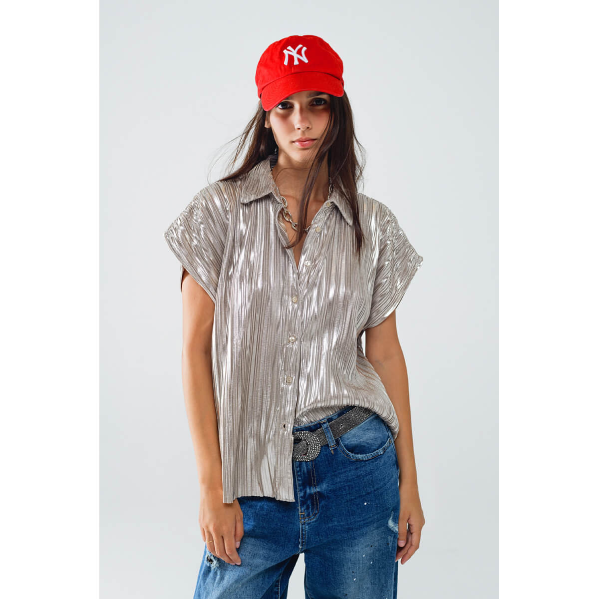 Silver Pleated Short Sleeve Shirt front | MILK MONEY milkmoney.co | cute tops for women. trendy tops for women. cute blouses for women. stylish tops for women. pretty womens tops.