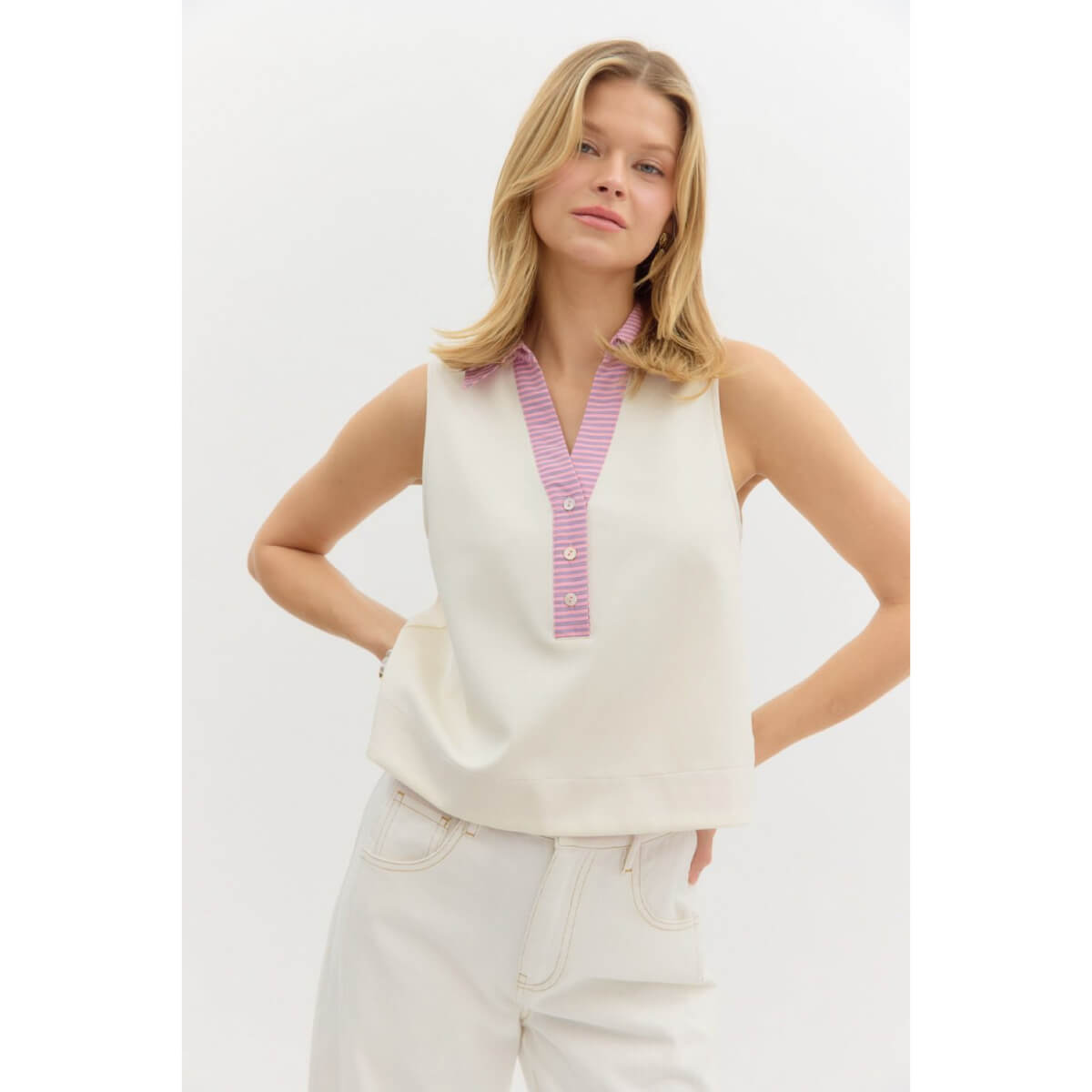 Sleeveless Polo Top white front | MILK MONEY milkmoney.co | cute tops for women. trendy tops for women. cute blouses for women. stylish tops for women. pretty womens tops.