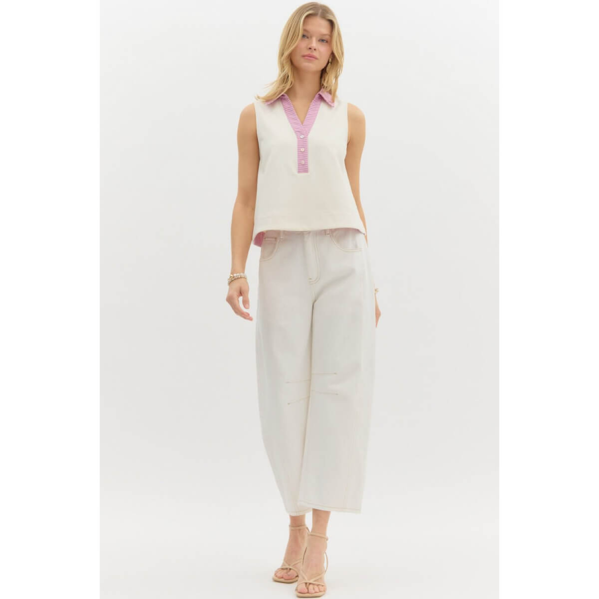 Sleeveless Polo Top white front | MILK MONEY milkmoney.co | cute tops for women. trendy tops for women. cute blouses for women. stylish tops for women. pretty womens tops.