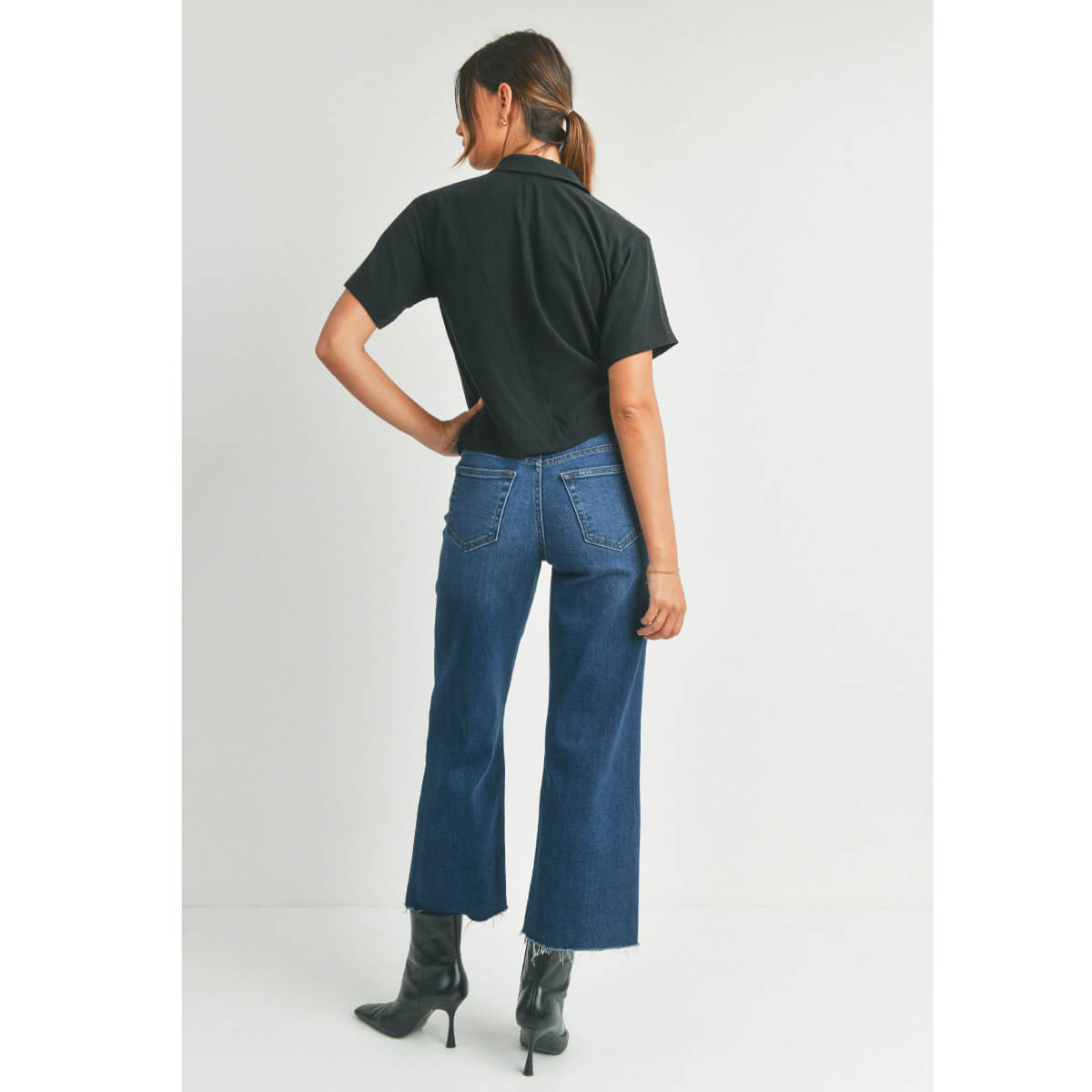 Slim Wide Leg Frayed Hem Jeans dark wash back | MILK MONEY milkmoney.co | cute clothes for women. womens online clothing. trendy online clothing stores. womens casual clothing online. trendy clothes online. trendy women's clothing online. ladies online clothing stores. trendy women's clothing stores. cute female clothes.