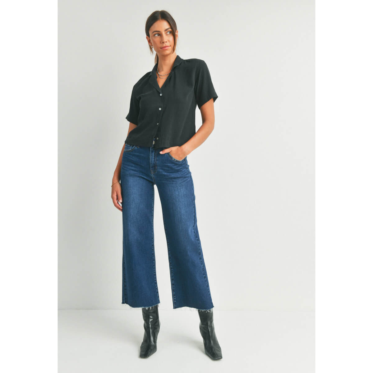 Slim Wide Leg Frayed Hem Jeans dark wash front | MILK MONEY milkmoney.co | cute clothes for women. womens online clothing. trendy online clothing stores. womens casual clothing online. trendy clothes online. trendy women's clothing online. ladies online clothing stores. trendy women's clothing stores. cute female clothes.