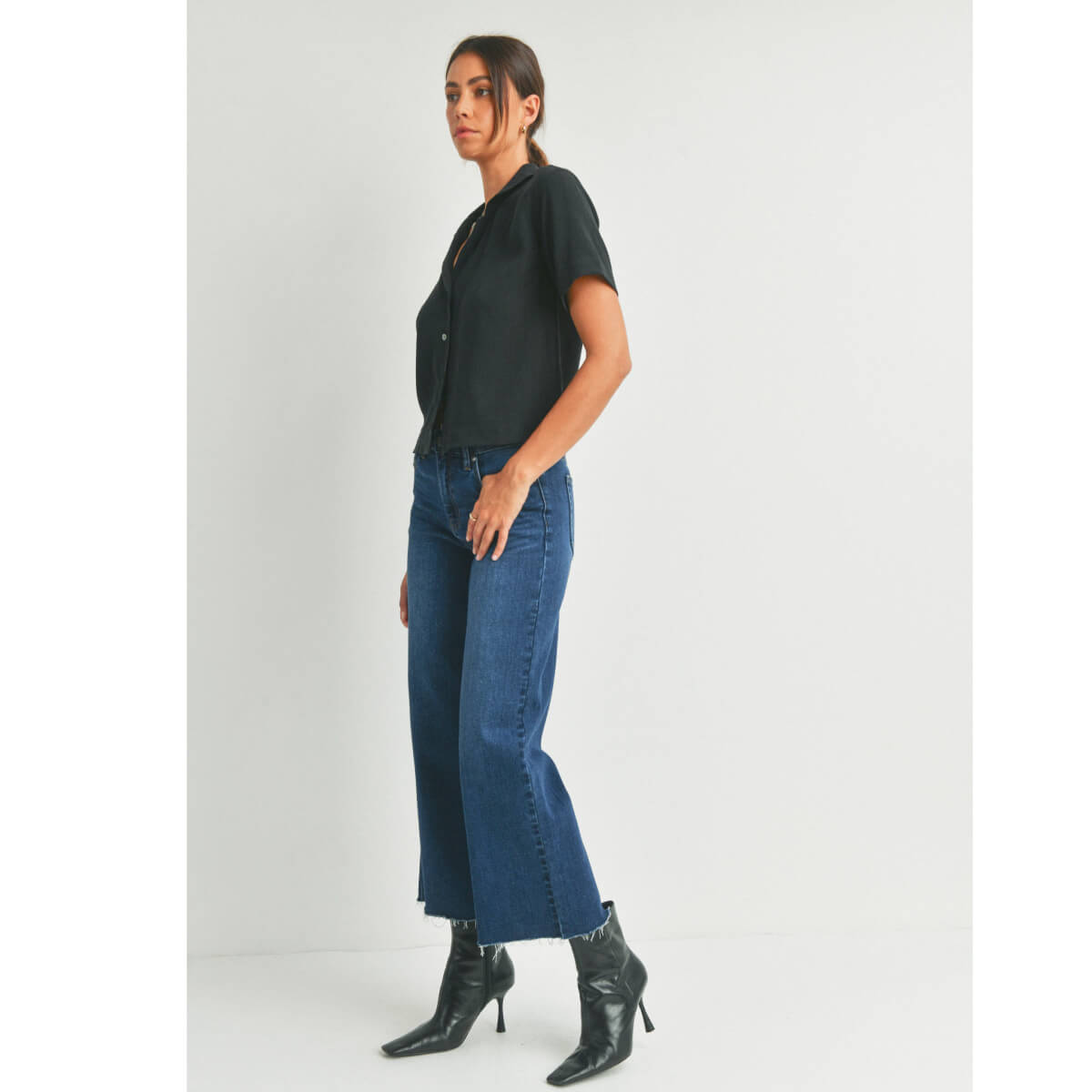 Slim Wide Leg Frayed Hem Jeans dark wash side | MILK MONEY milkmoney.co | cute clothes for women. womens online clothing. trendy online clothing stores. womens casual clothing online. trendy clothes online. trendy women's clothing online. ladies online clothing stores. trendy women's clothing stores. cute female clothes.