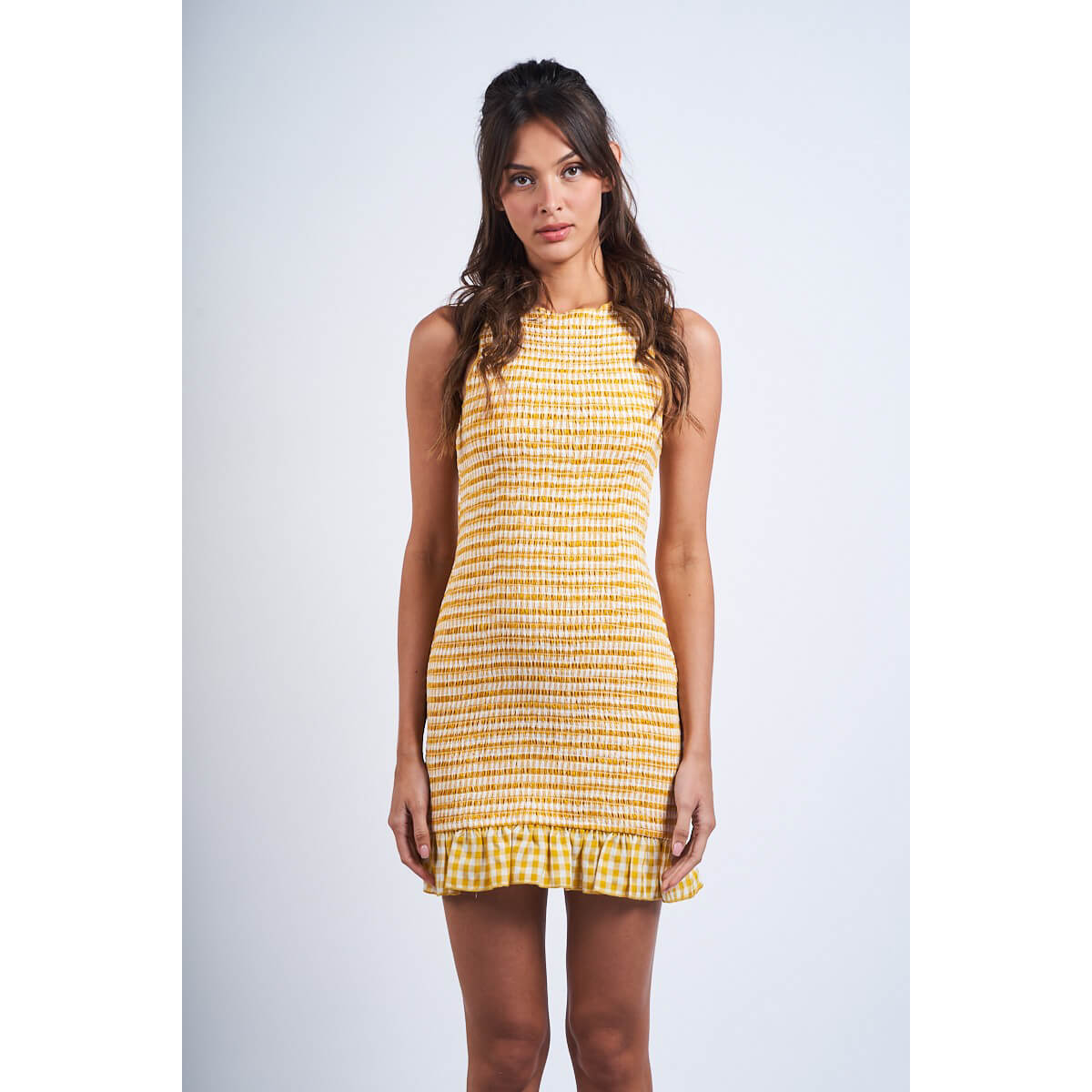 Smocked Checkered Mini Dress yellow front | MILK MONEY milkmoney.co | cute clothes for women. womens online clothing. trendy online clothing stores. womens casual clothing online. trendy clothes online. trendy women's clothing online. ladies online clothing stores. trendy women's clothing stores. cute female clothes.
