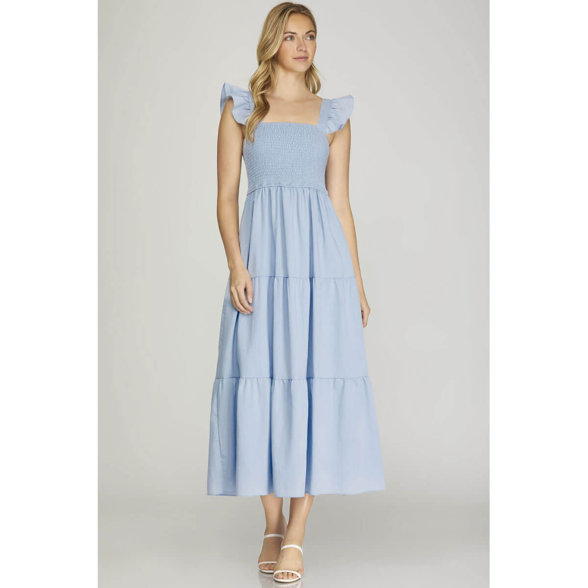 Smocked Square Neck Midi Dress