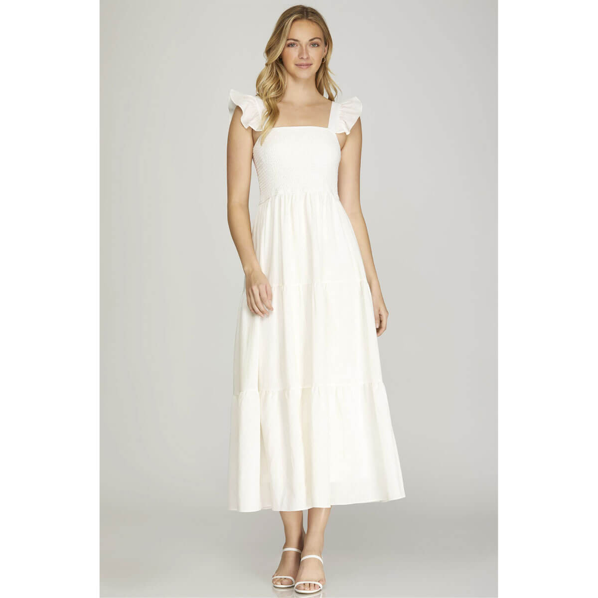 Smocked Square Neck Midi Dress