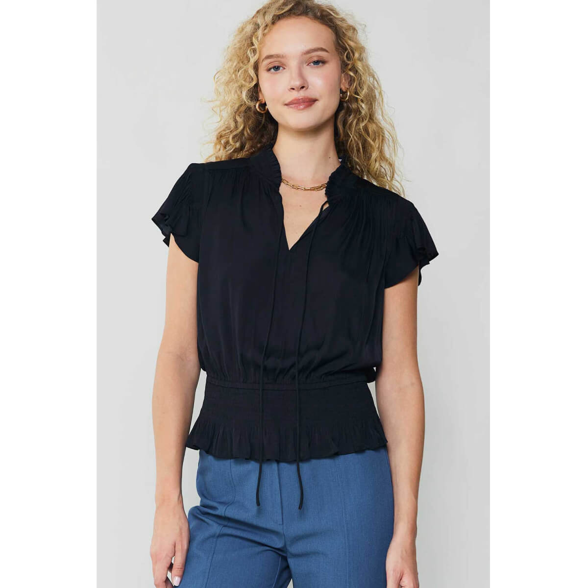 Smocking Waist Flutter Sleeve Blouse black front | MILK MONEY milkmoney.co | cute tops for women. trendy tops for women. cute blouses for women. stylish tops for women. pretty womens tops.