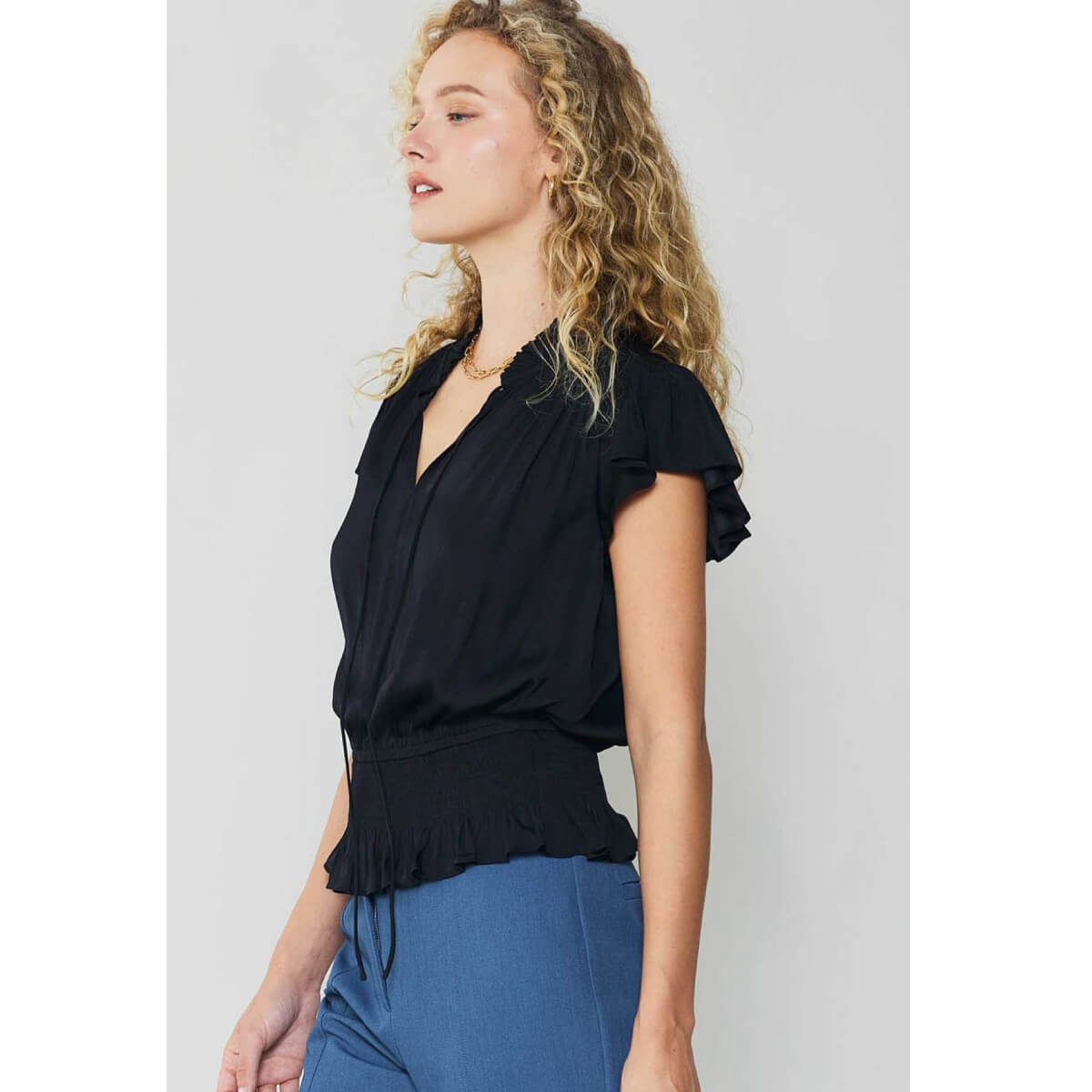 Smocking Waist Flutter Sleeve Blouse black side | MILK MONEY milkmoney.co | cute tops for women. trendy tops for women. cute blouses for women. stylish tops for women. pretty womens tops.