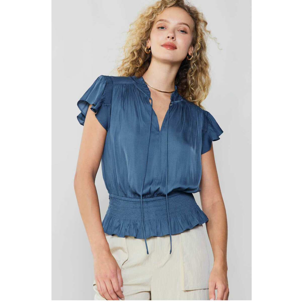 Smocking Waist Flutter Sleeve Blouse blue front | MILK MONEY milkmoney.co | cute tops for women. trendy tops for women. cute blouses for women. stylish tops for women. pretty womens tops.