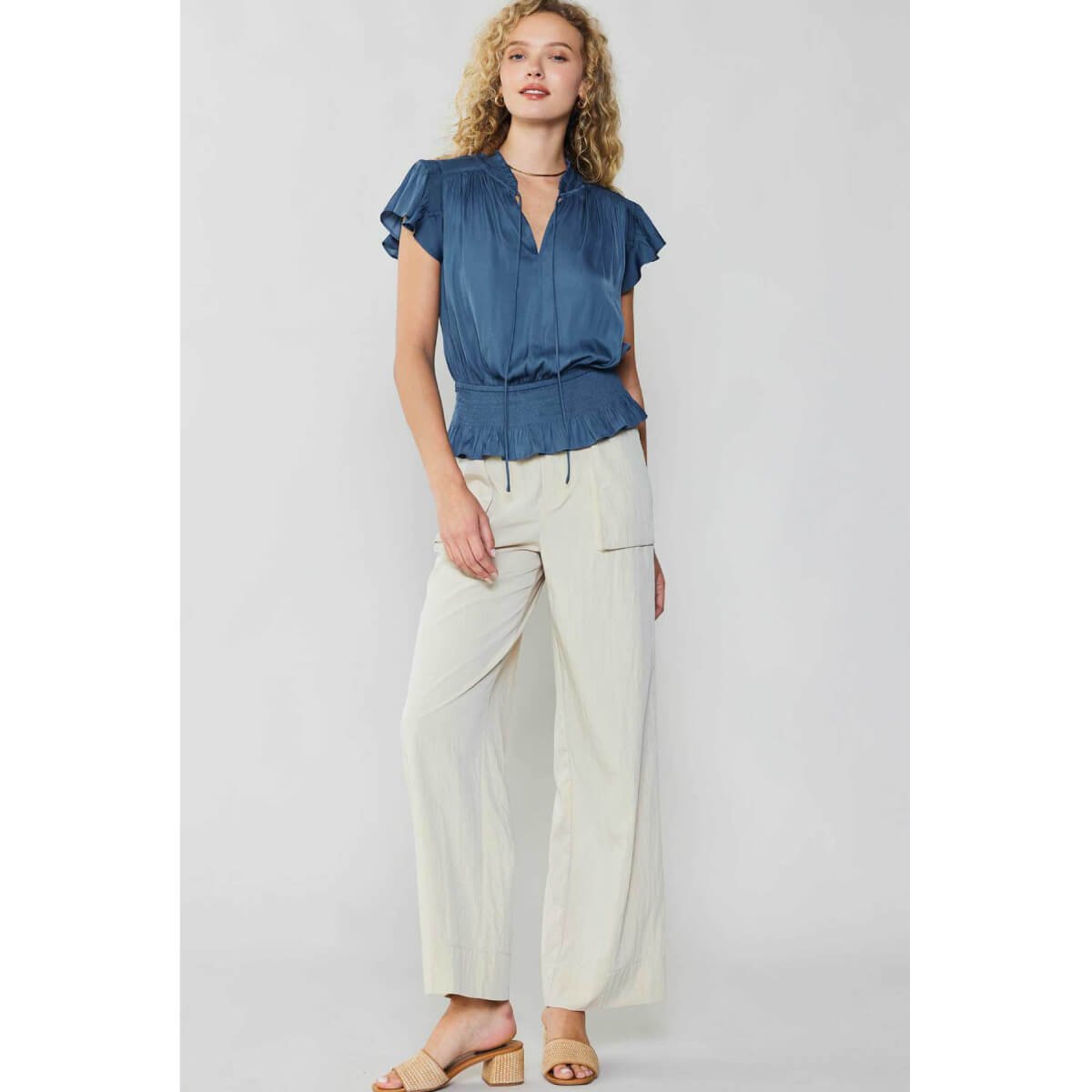 Smocking Waist Flutter Sleeve Blouse blue front | MILK MONEY milkmoney.co | cute tops for women. trendy tops for women. cute blouses for women. stylish tops for women. pretty womens tops.