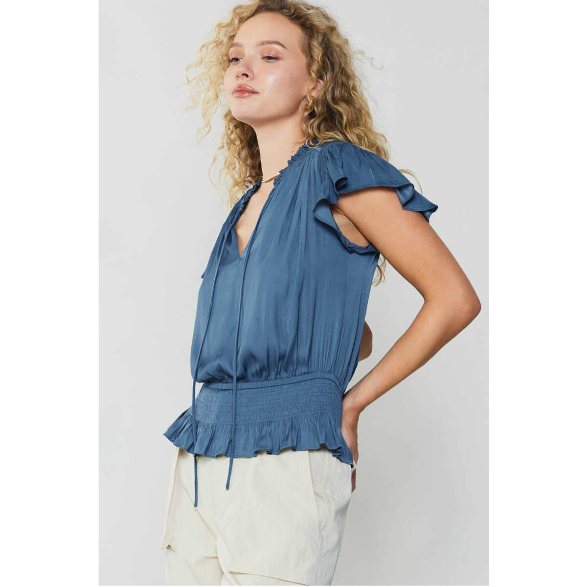 Smocking Waist Flutter Sleeve Blouse blue side | MILK MONEY milkmoney.co | cute tops for women. trendy tops for women. cute blouses for women. stylish tops for women. pretty womens tops.