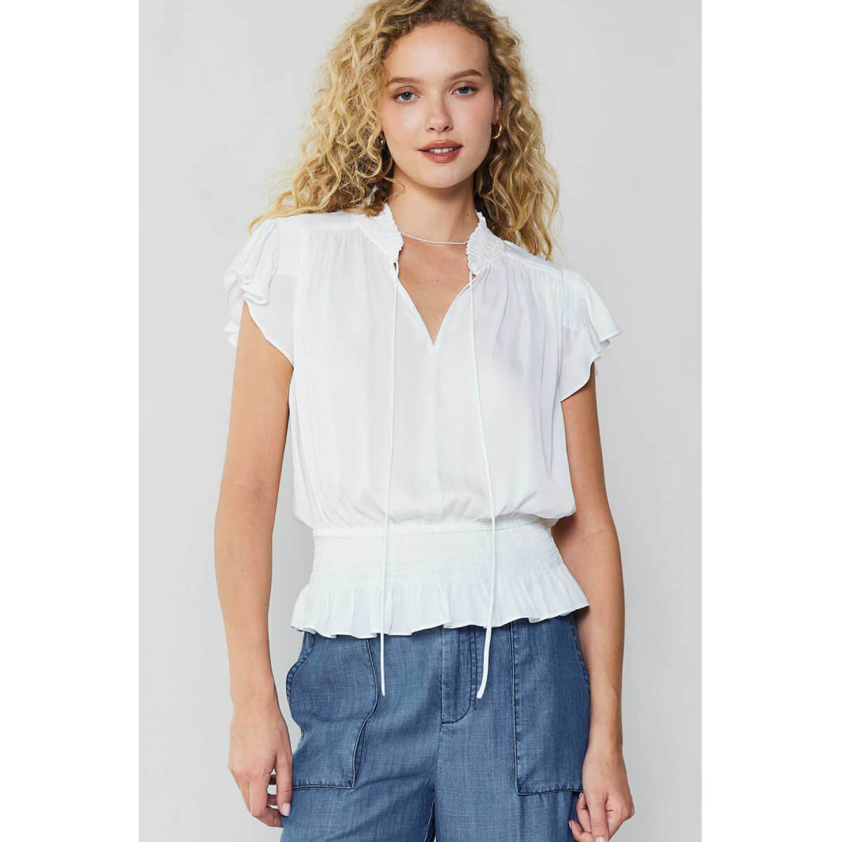Smocking Waist Flutter Sleeve Blouse white front | MILK MONEY milkmoney.co | cute tops for women. trendy tops for women. cute blouses for women. stylish tops for women. pretty womens tops.